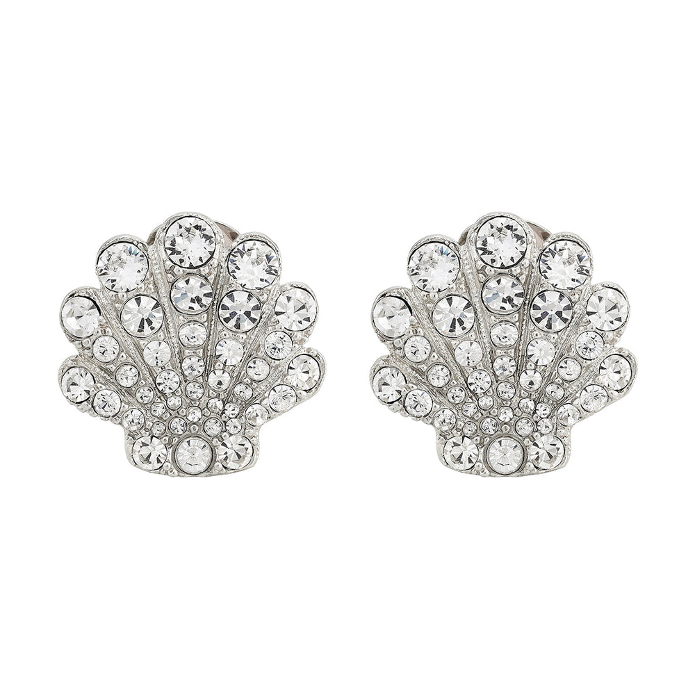 Front view of Sirena Sparkle Stud clip-on scallop-shell earrings with white gold–tone finish and Swarovski crystals