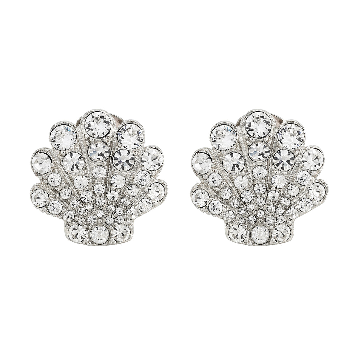 Front view of Sirena Sparkle Stud clip-on scallop-shell earrings with white gold–tone finish and Swarovski crystals
