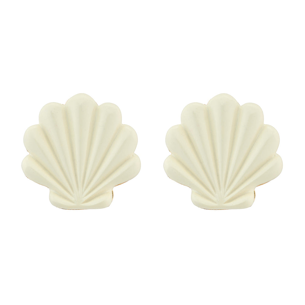 Front view of Sirena Stud scallop shell earrings showcasing ivory resin scallop shape on white background