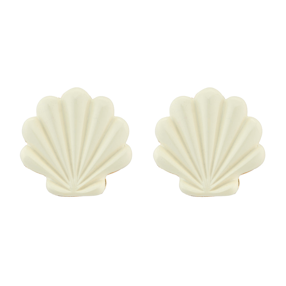 Front view of Sirena Stud scallop shell earrings showcasing ivory resin scallop shape on white background