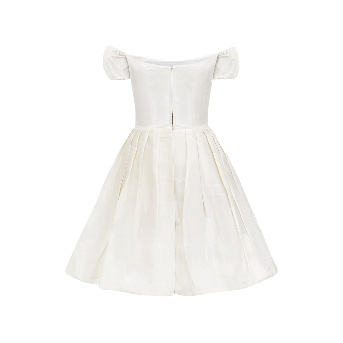 Back view of Sissi Silk Taffeta Dress in White showcasing an off-shoulder neckline, puff sleeves, and pleated skirt