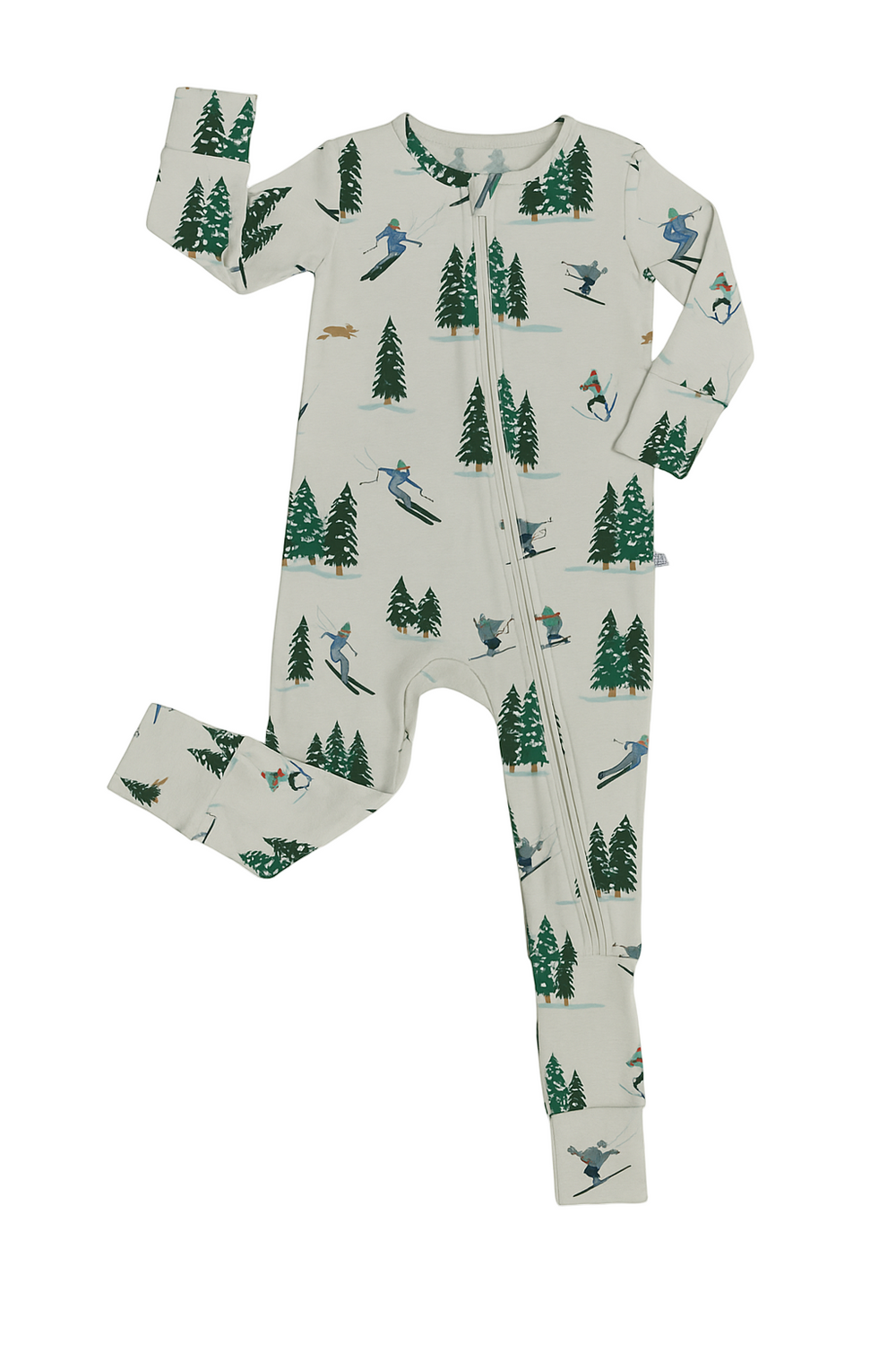 Flat lay of ski-print bamboo romper with front two-way zipper and long sleeves on white background