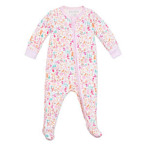 Front view of pink Après Ski Zip baby onesie with colorful ski print, pink stripe trim, and two-way zip on white background
