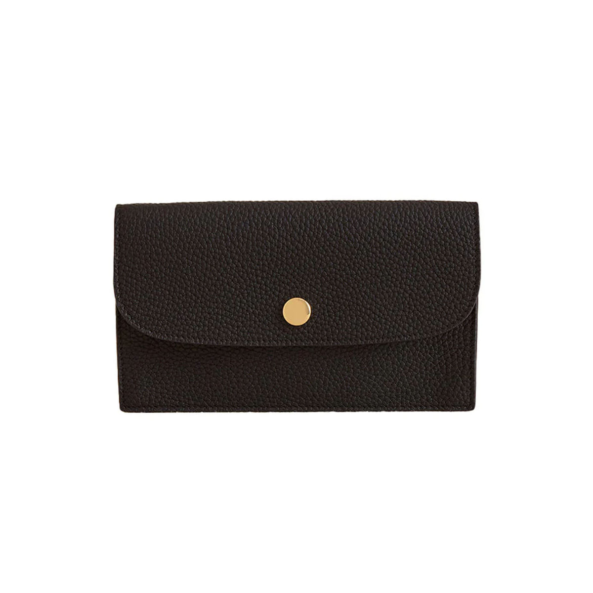 Front view of Skip 18 wallet in tumbled grain black showcasing pebbled leather texture and gold snap closure on white background