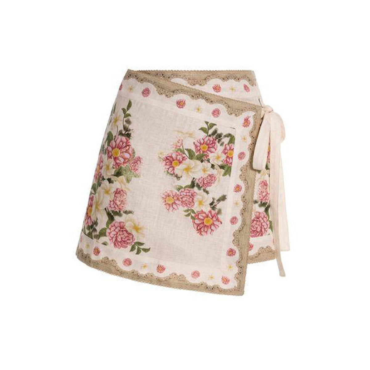 Front view of Luna Paraiso pareo showing pink floral placement print, scalloped lace trim, and tie waist on white background