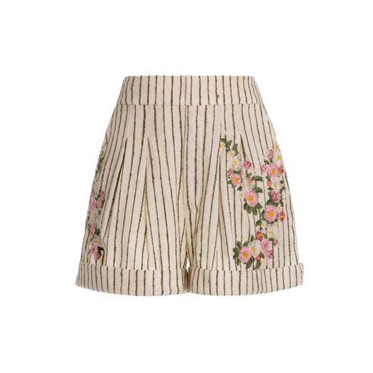 Front view of Rommy Paraiso shorts showcasing high waist, vertical stripes and pink floral embroidery on a white background
