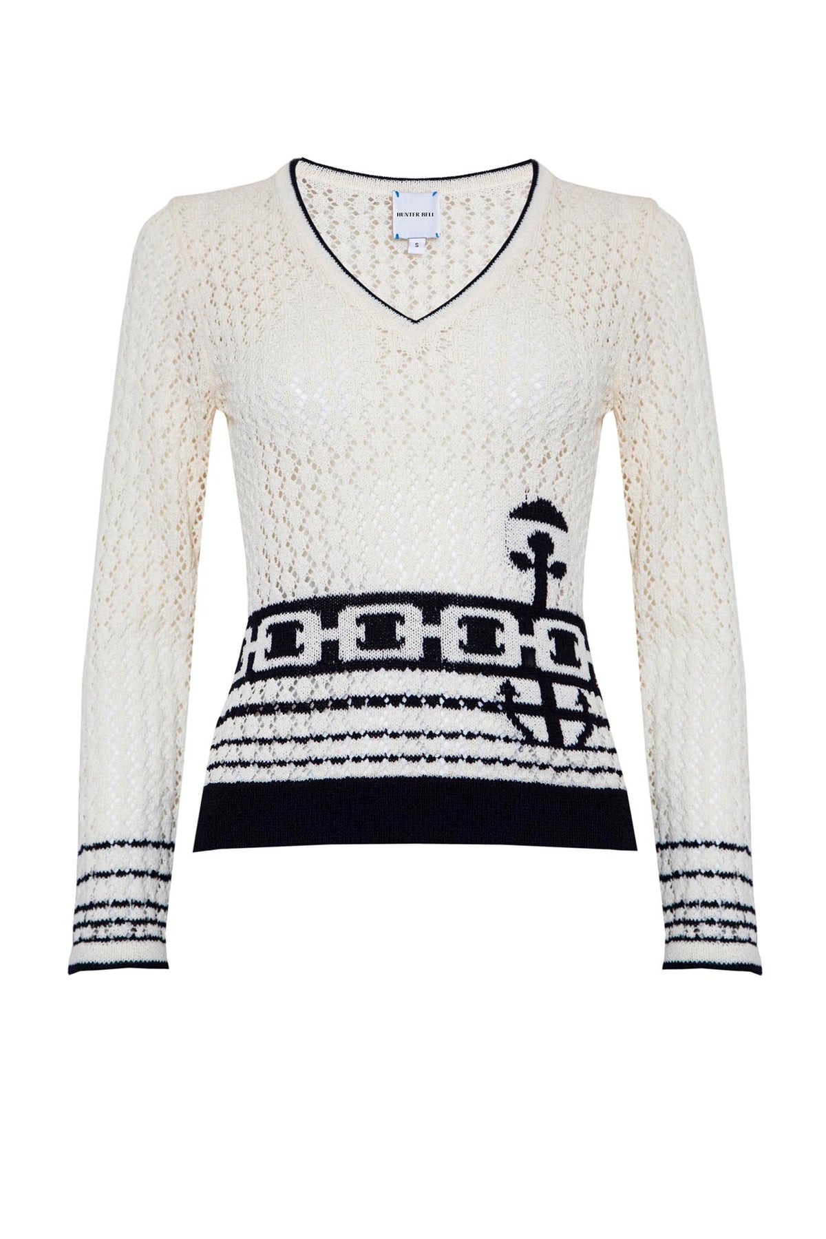 The Skylar sweater has a flattering v-neckline, a slim fit with anchor and stripe trim detailing.