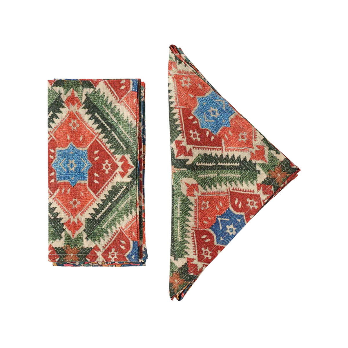 Folded view of Skyros Napkins, Set of 4 showcasing forest green and burgundy geometric patterns on a white background