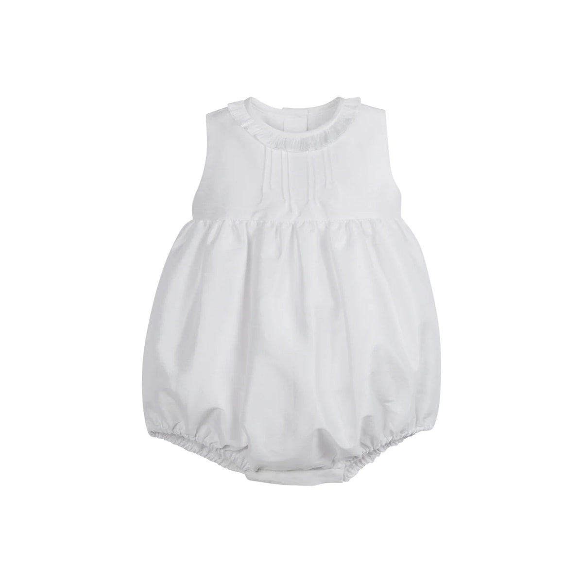 Front view of Sleeveless Formal Bubble in Special Occasion White with ruffle collar, pleated chest, gathered waistband, and elastic leg openings