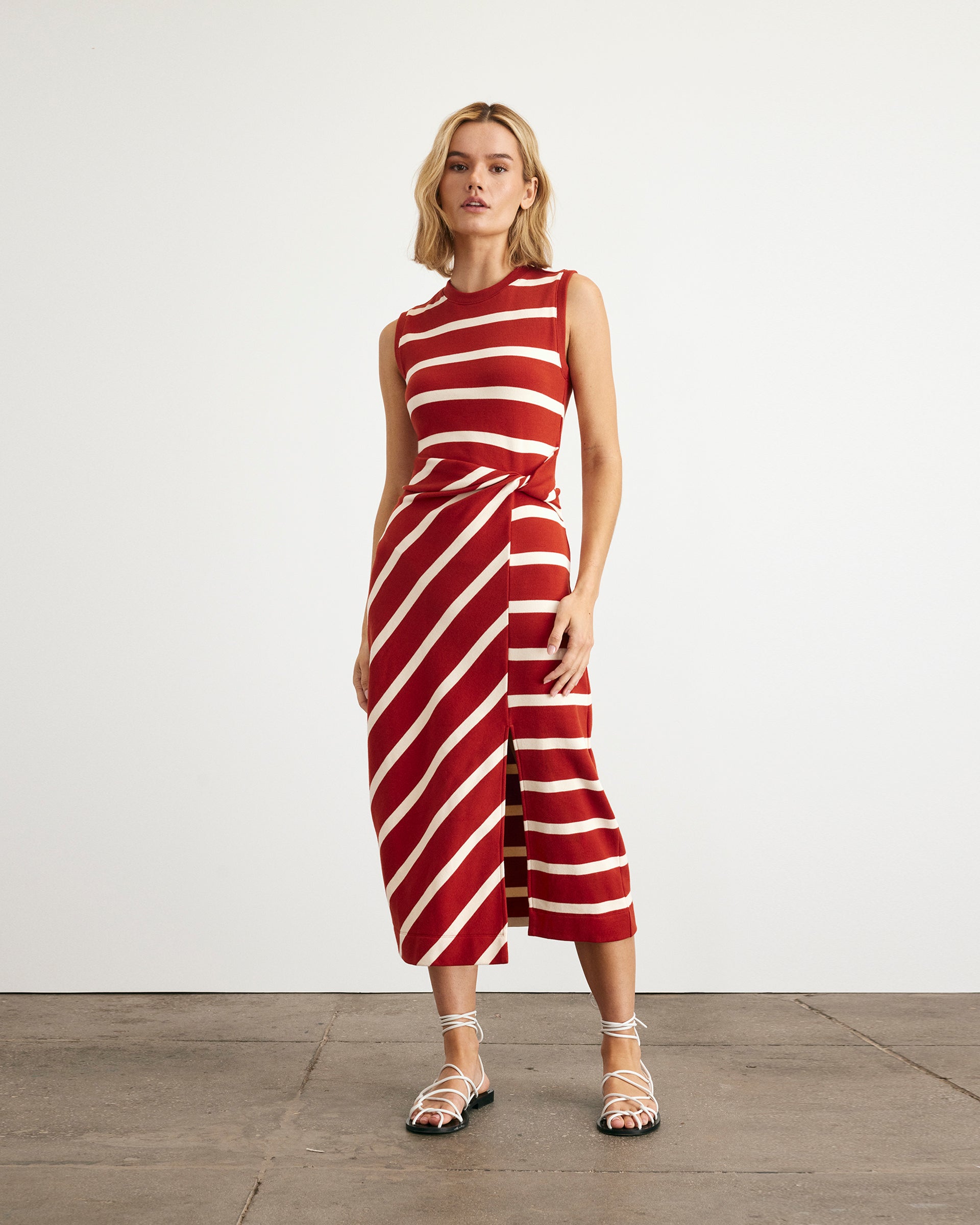 Sleeveless Striped Cody Dress in Brick & Cream Stripe