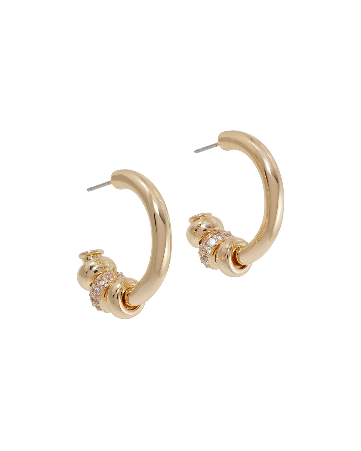 Close up of Pave Slider Hoop Earrings showcasing gold tone hoops with pave and gold tone slider charms on white background
