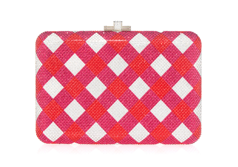 Front view of Slim Slide Trattoria clutch showing red, pink, and white crystal gingham check pattern with silver-tone clasp on white background