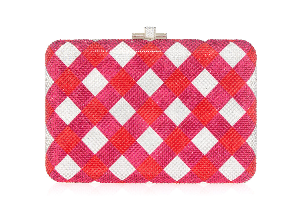 Front view of Slim Slide Trattoria crystal-adorned clutch showcasing red, pink, and white gingham check pattern on white background