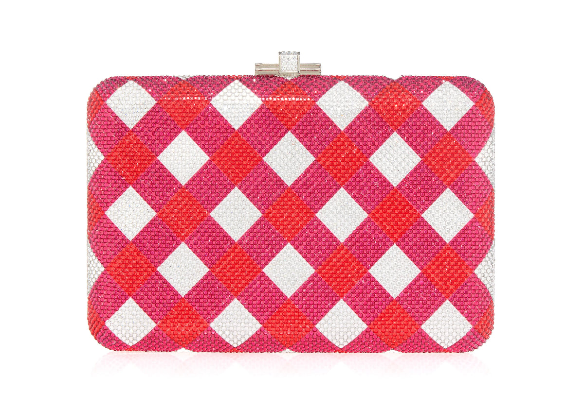 Front view of Slim Slide Trattoria crystal-adorned clutch showcasing red, pink, and white gingham check pattern on white background