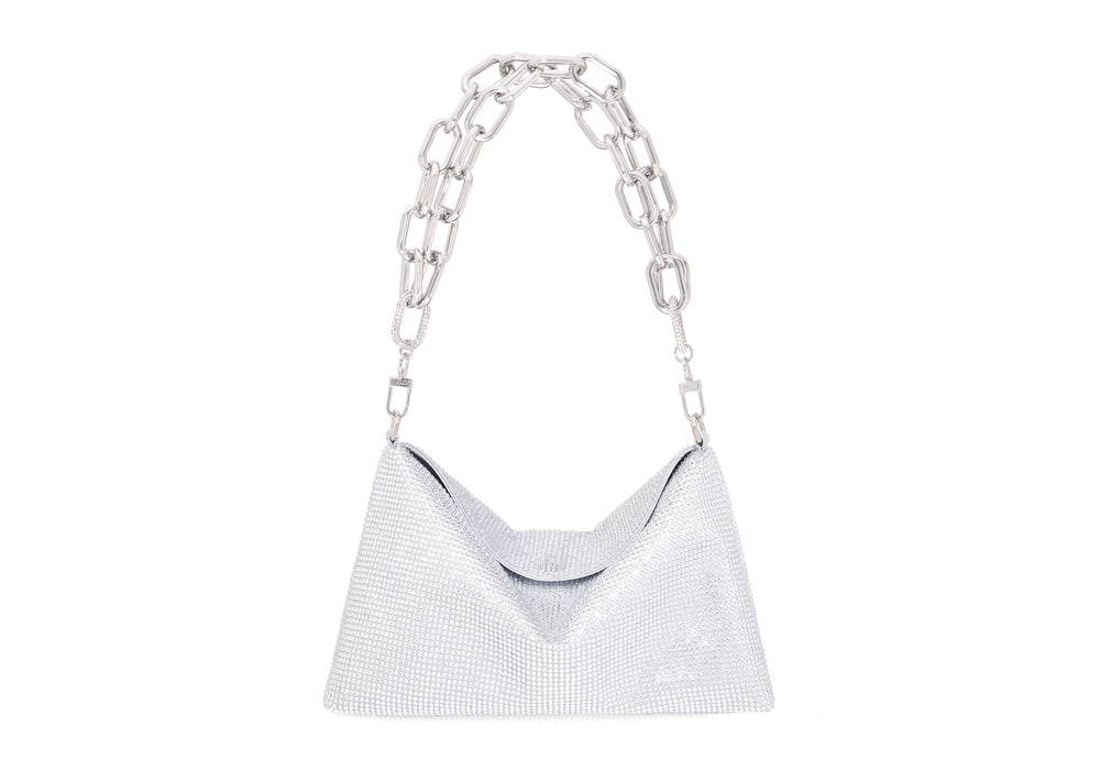 Front view of Bowie Fullbead clutch showing all-over silver crystal beads and large silver chain strap on white background