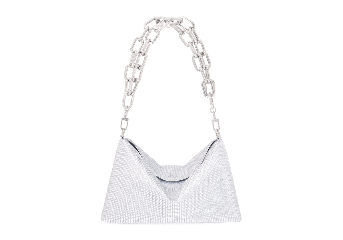 Front view of Bowie Fullbead clutch showcasing full-crystal bead exterior and oversized silver chain handle on white background