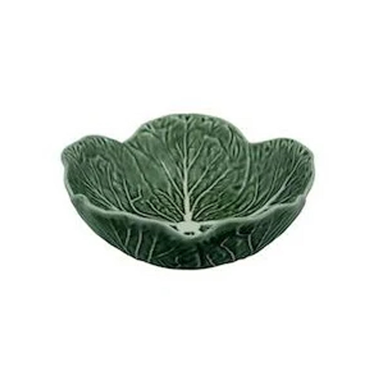 Three-quarter view of Small Cabbage Bowl showcasing green hand-glazed cabbage-leaf texture on white background