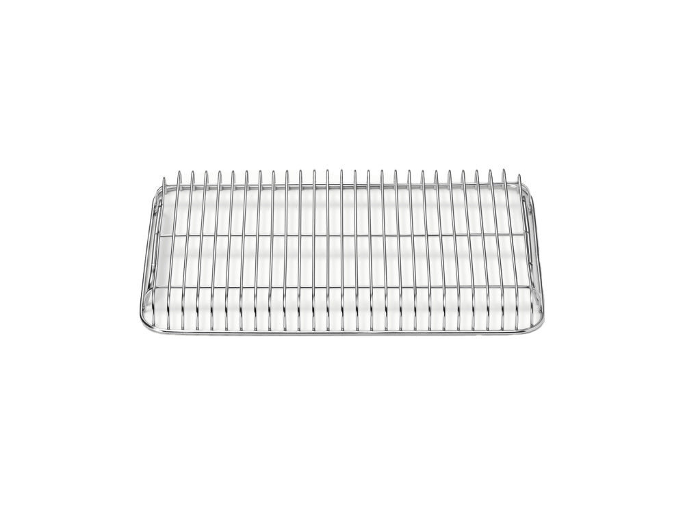 Angled top view of small stainless steel cooling rack showing raised grid for 360-degree airflow on white background