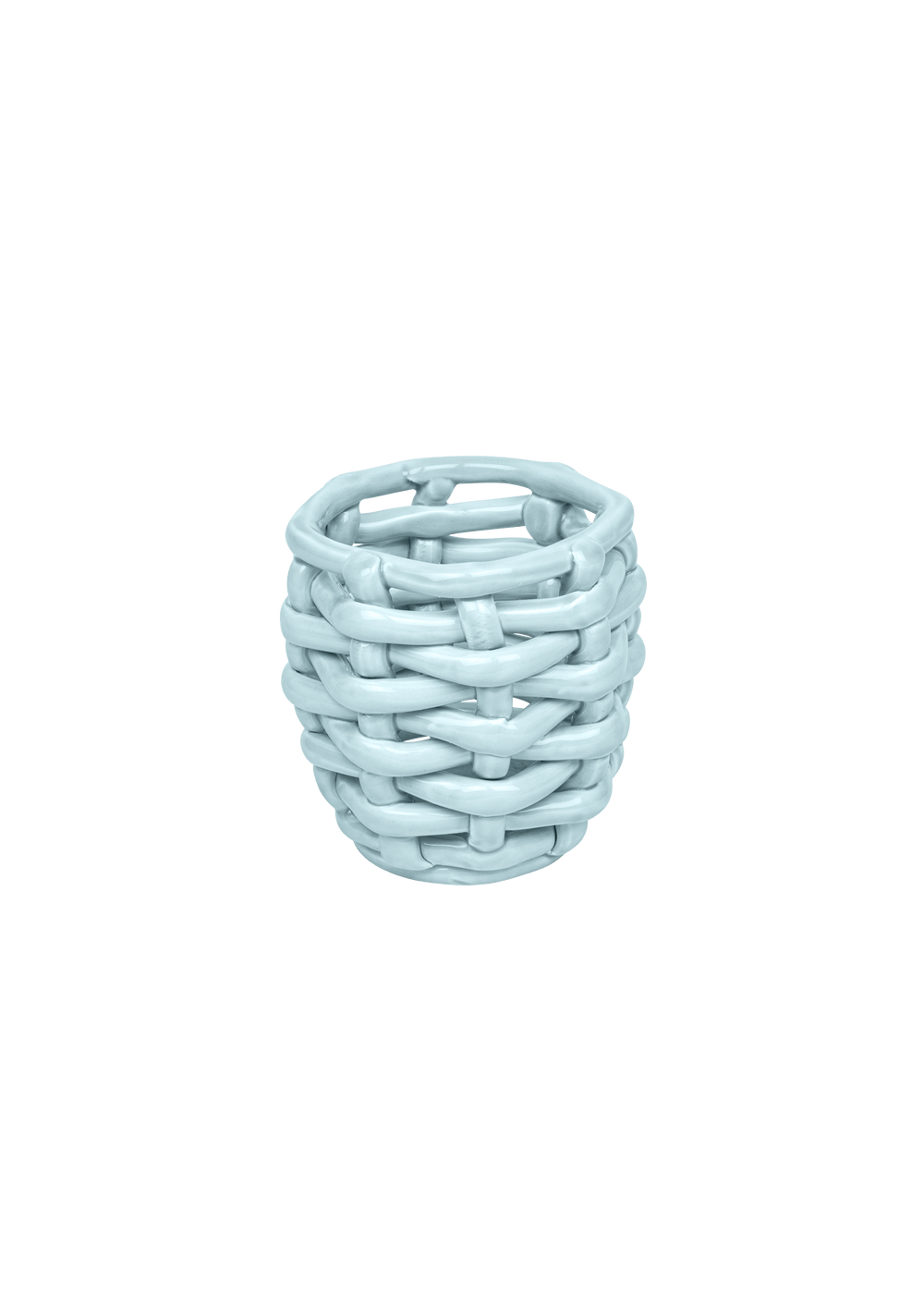 Angled front view of small sky blue basketweave planter with woven ceramic texture and glossy finish on transparent background