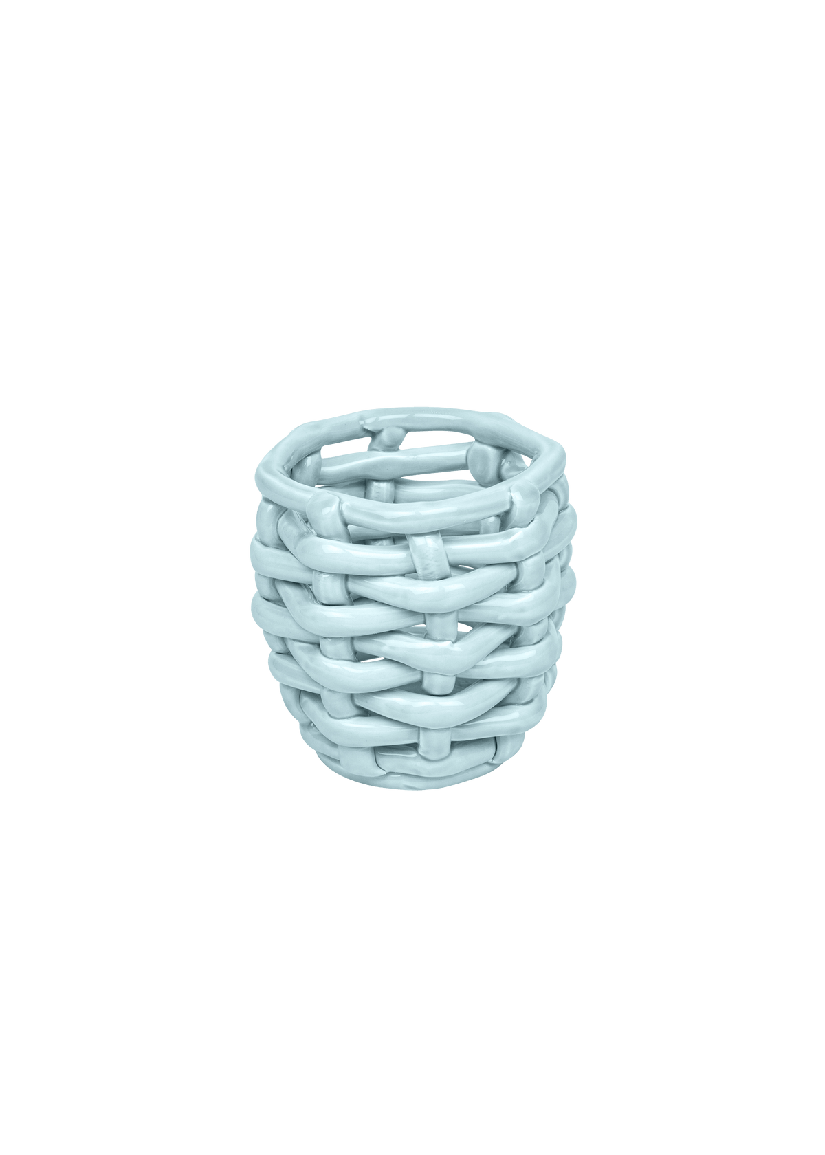 Angled front view of small sky blue basketweave planter with woven ceramic texture and glossy finish on transparent background