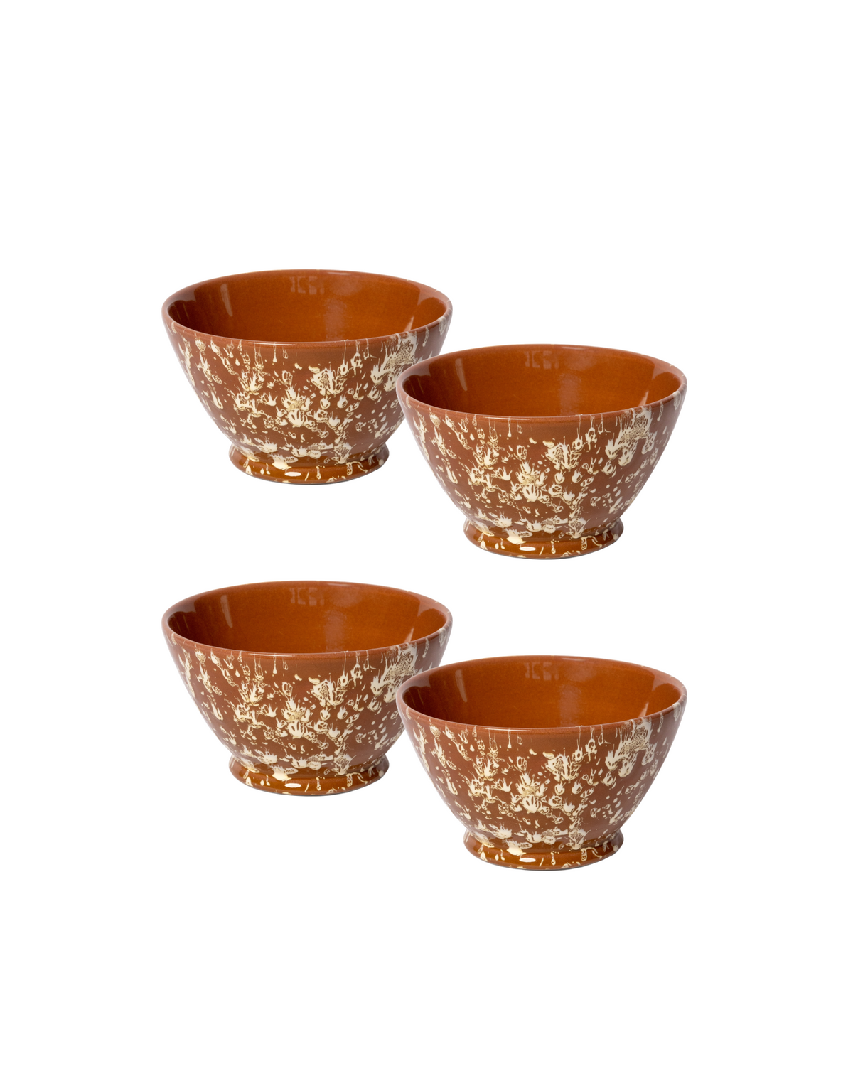 Front view of Splatter ceramic small bowl set of 4 showing terracotta glaze with cream splatter pattern on white background