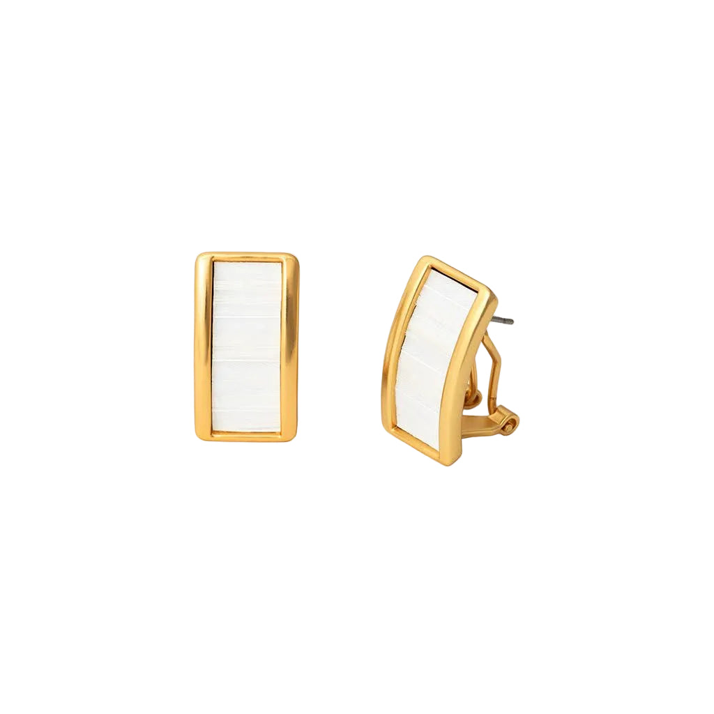 Front and angled view of Smith Town stud earrings showcasing rectangular gold frames with white feather inlay on white background