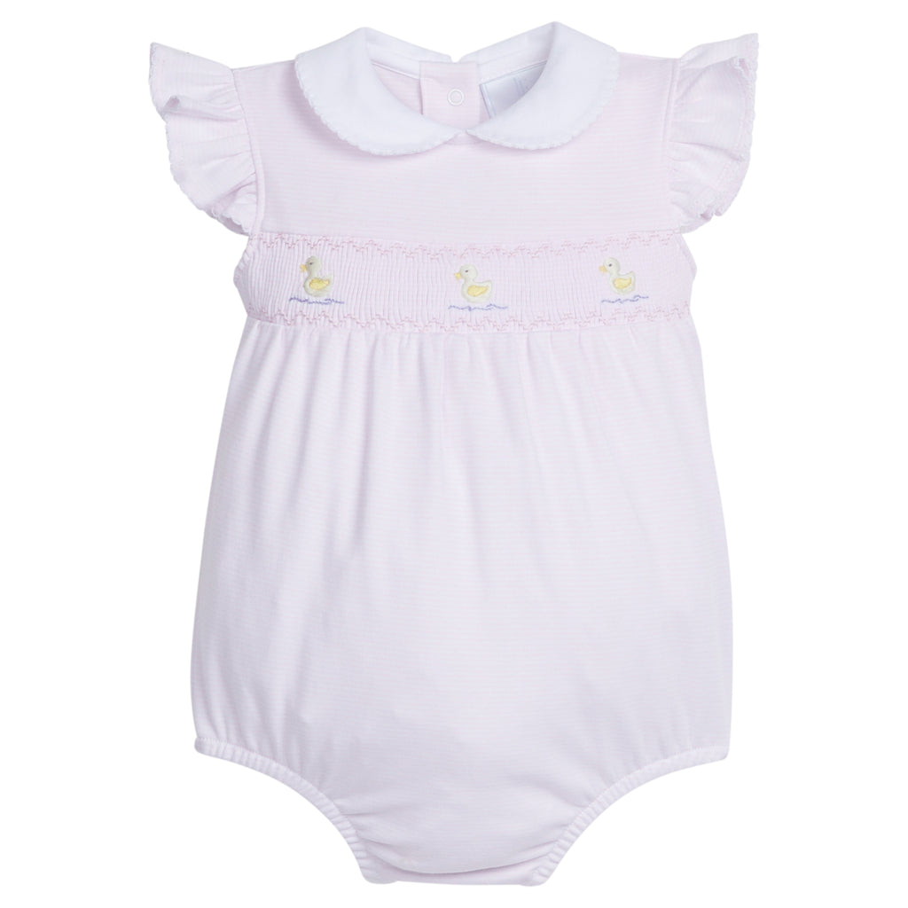 Little English traditional children's clothing.  White and pink striped peter pan bubble with duck embroidery  for baby girls for spring