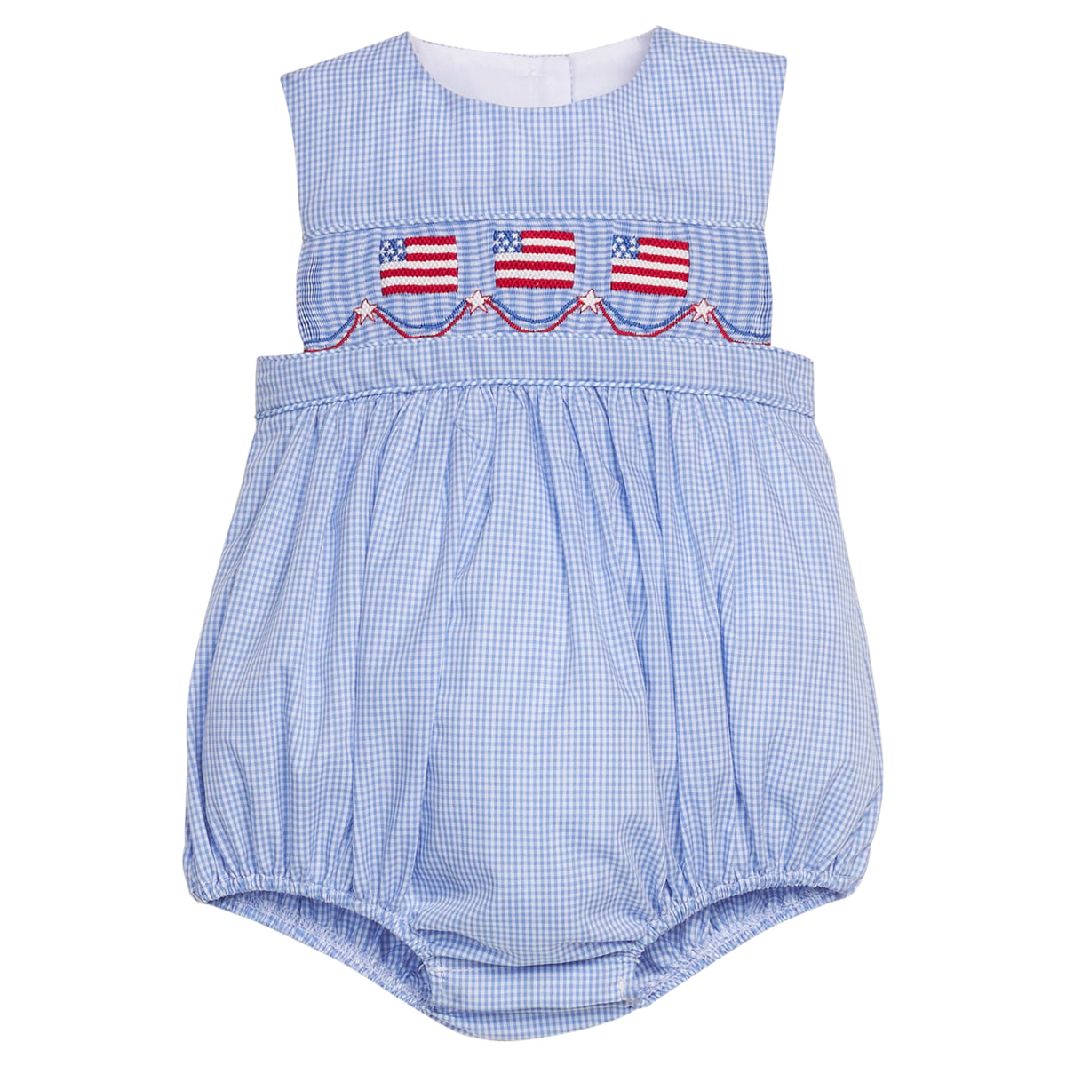 Little English traditional children's clothing.  Sleeveless bubble in royal blue mini check fabric and smocking at the chest with American flag bunting for baby boys