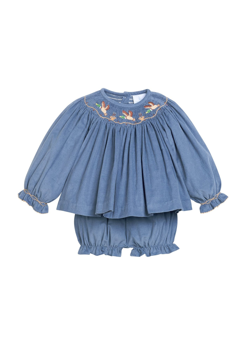 Little English classic children's clothing.  Long sleeve stormy blue corduroy set with flying mallard smocking around the collar for baby girls