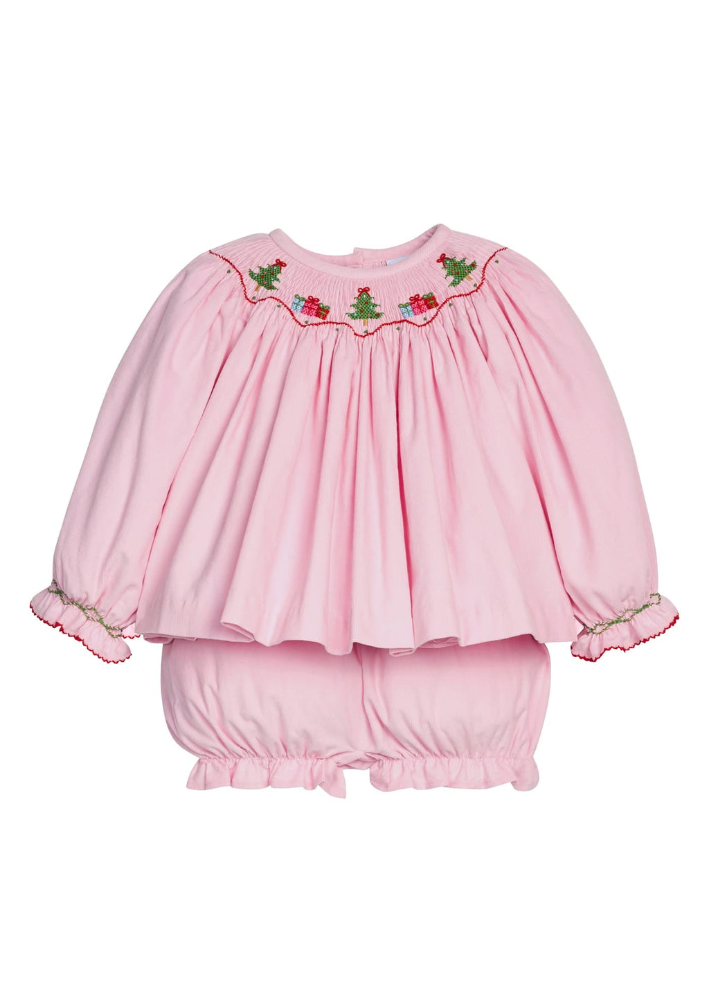 Little English classic children's clothing.  Long sleeve light pink corduroy set with christmas tree & present smocking around the collar for baby girls