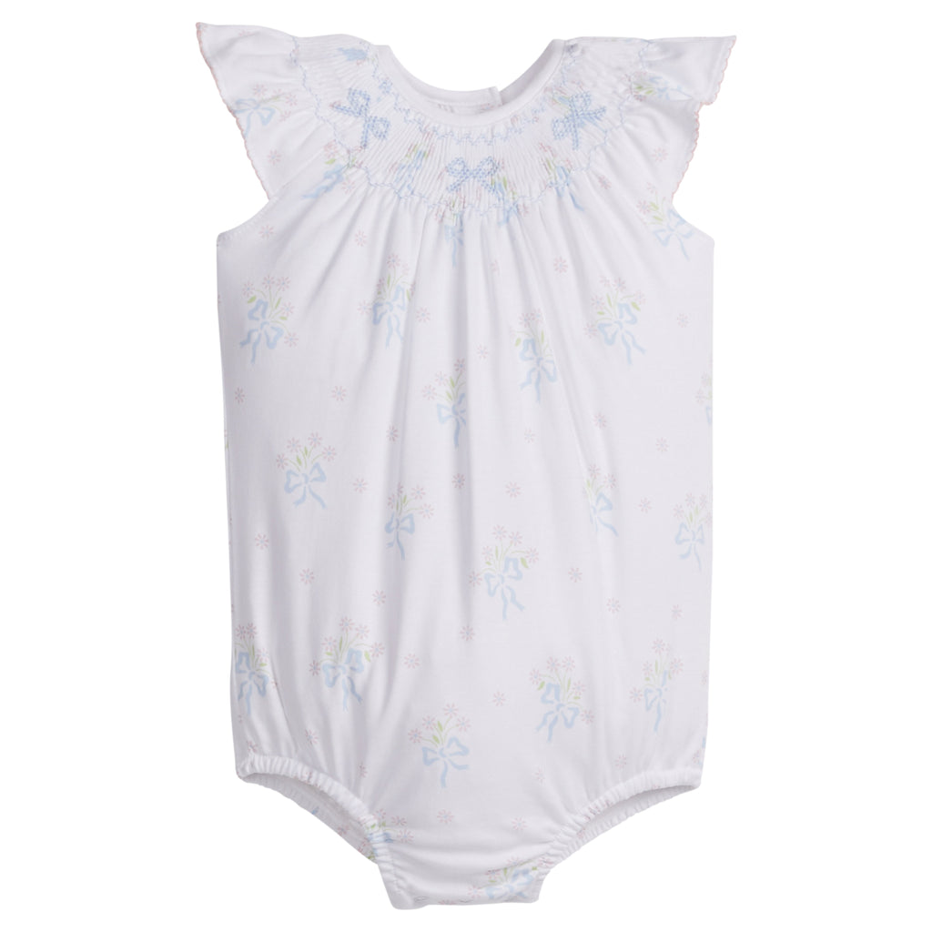 Little English traditional children's clothing.  Smocked pima cotton knit bubble with bow and flower print for baby girls for Spring