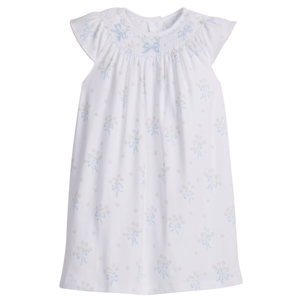 Little English traditional children's clothing.  Smocked pima cotton knit dress with bow and flower print for little girls for Spring