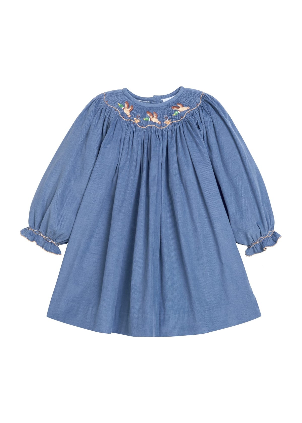 Little English traditional children's clothing.  Long sleeve stormy blue corduroy dress with flying mallard collar around the neckline for little girls.