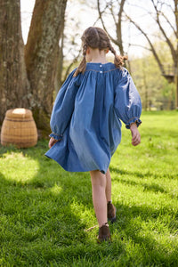 Little English traditional children's clothing.  Long sleeve stormy blue corduroy dress with flying mallard collar around the neckline for little girls.