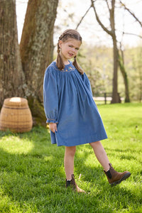 Little English traditional children's clothing.  Long sleeve stormy blue corduroy dress with flying mallard collar around the neckline for little girls.