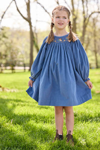 Little English traditional children's clothing.  Long sleeve stormy blue corduroy dress with flying mallard collar around the neckline for little girls.