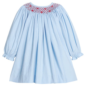 little english classic children's clothing light blue corduroy long sleeve dress with smocked neck and red heart embroidery for girls 