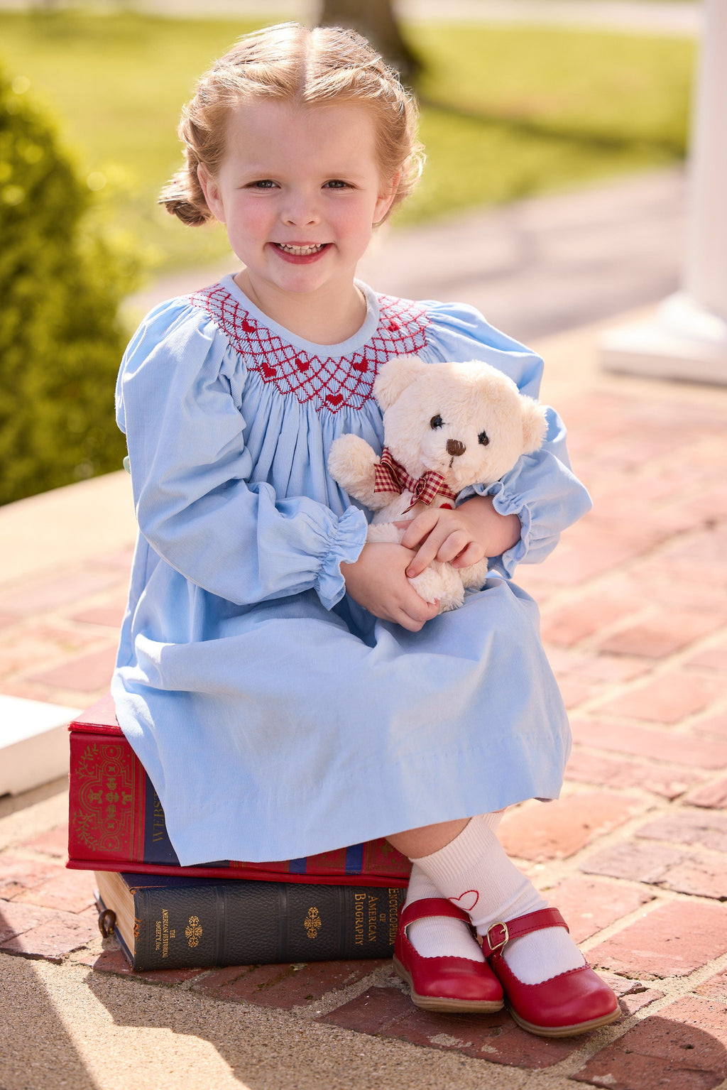little english classic children's clothing light blue corduroy long sleeve dress with smocked neck and red heart embroidery for girls 