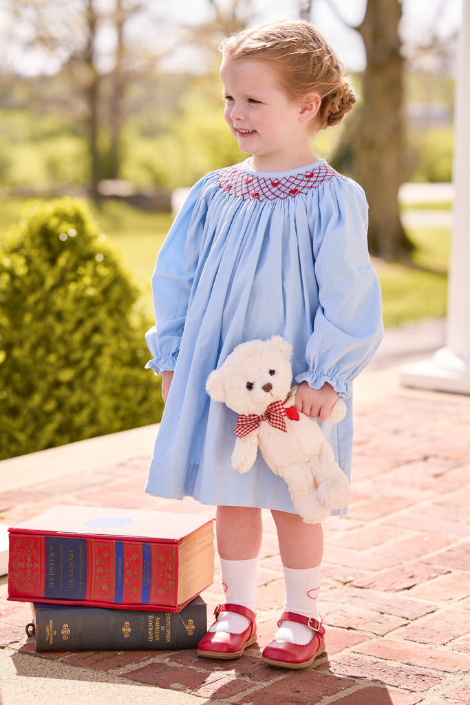 little english classic children's clothing light blue corduroy long sleeve dress with smocked neck and red heart embroidery for girls 