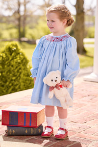 little english classic children's clothing light blue corduroy long sleeve dress with smocked neck and red heart embroidery for girls 
