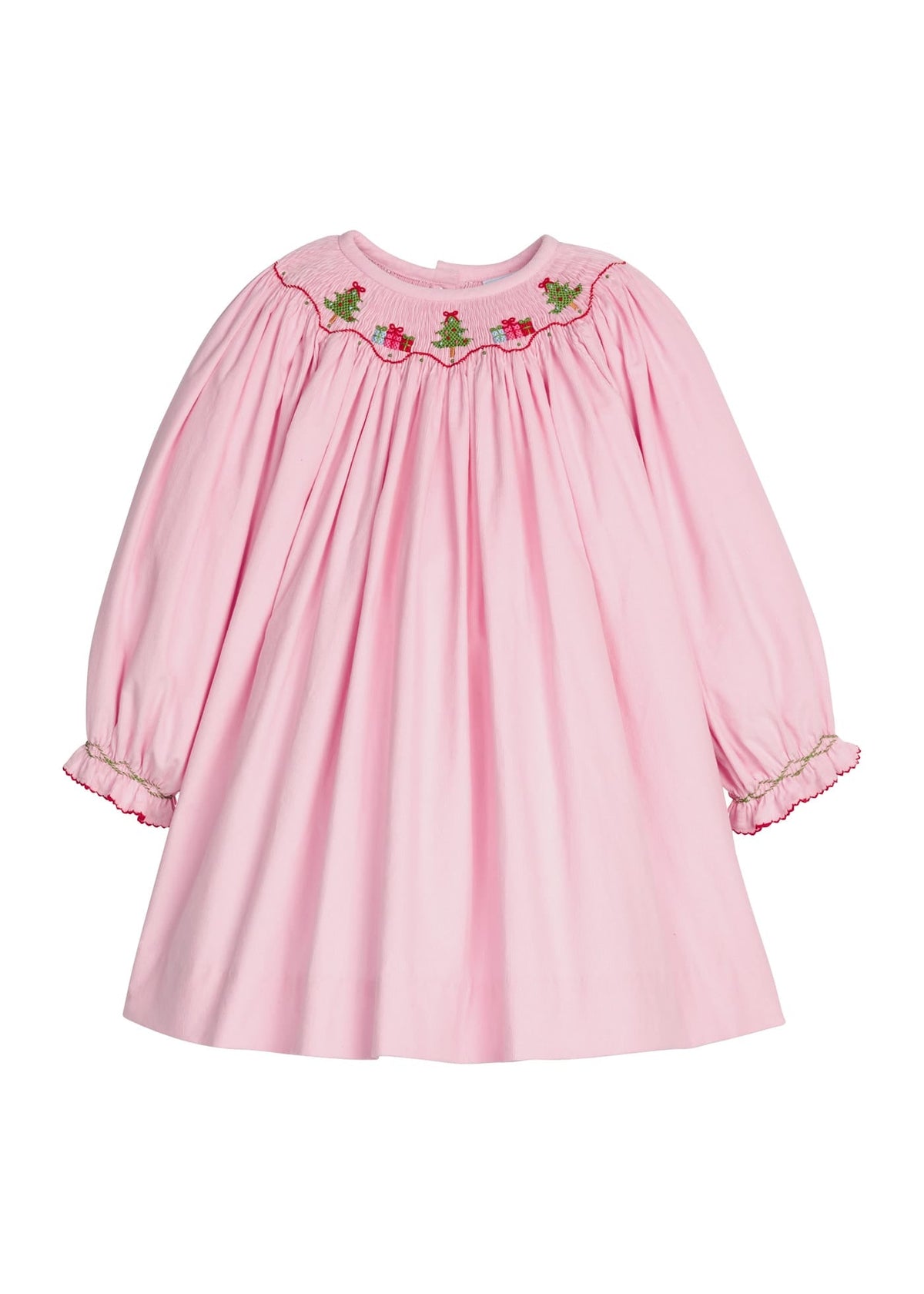 Little English traditional children's clothing.  Long sleeve pink corduroy dress with Christmas motif smocking around the neckline for little girls.
