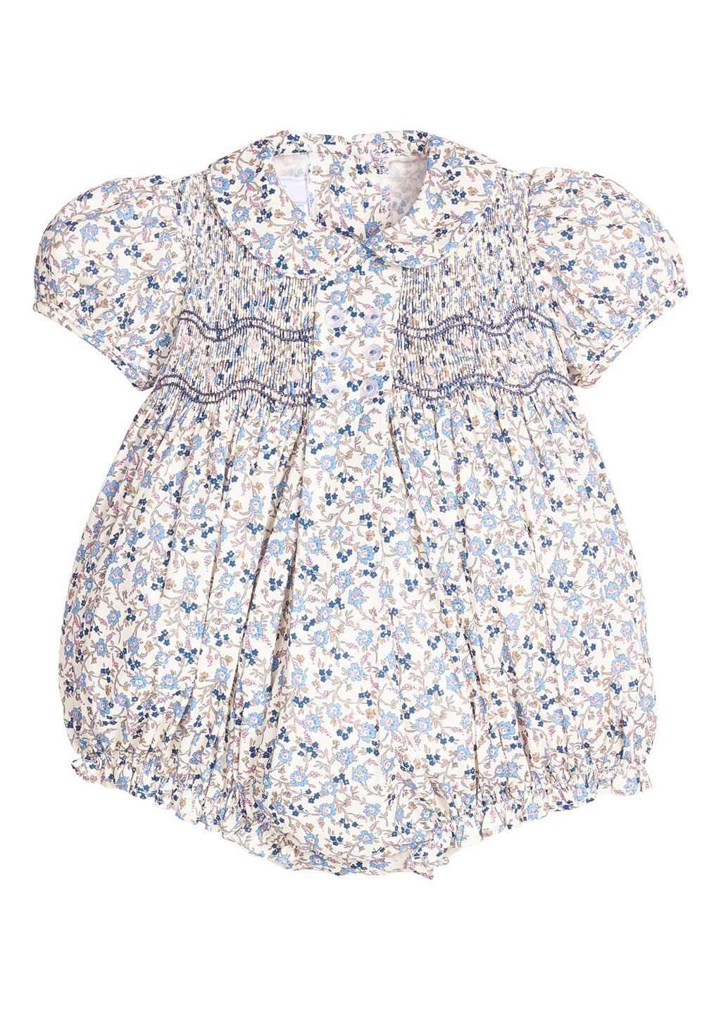 Little English classic children's clothing.  Dressy peter pan bubble for baby girls in blue Wisteria Floral with puff sleeves, ruffle details, and smocking at chest. Paired with white cotton knee high socks with navy bow embroidery