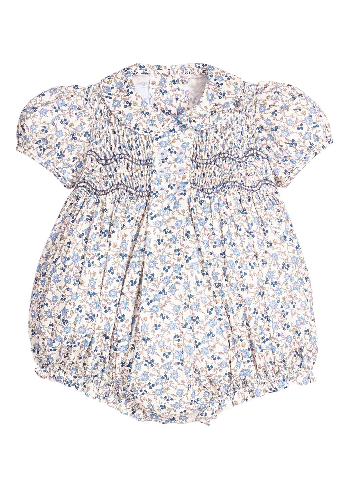 Little English classic children's clothing.  Dressy peter pan bubble for baby girls in blue Wisteria Floral with puff sleeves, ruffle details, and smocking at chest. Paired with white cotton knee high socks with navy bow embroidery