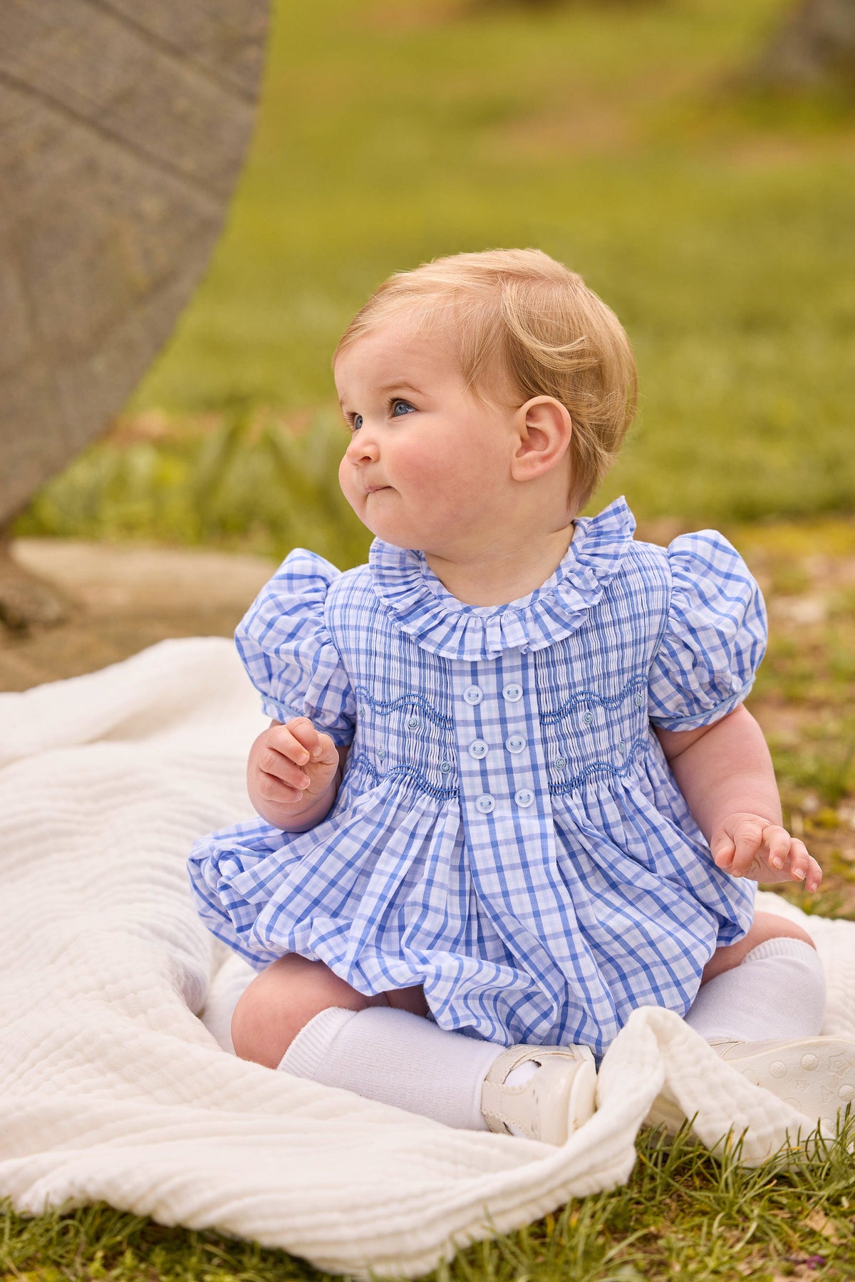 Little English classic bubble for baby girls. Blue and white plaid bubble with ruffled collar and smocking across the chest for fall