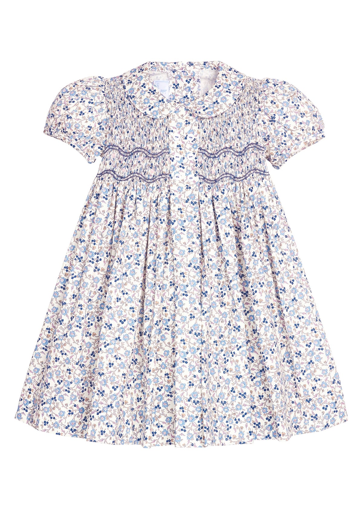 Little English traditional children's clothing. Capped sleeve blue, brown, and cream floral smocked dress with peter pan collar for little girls.