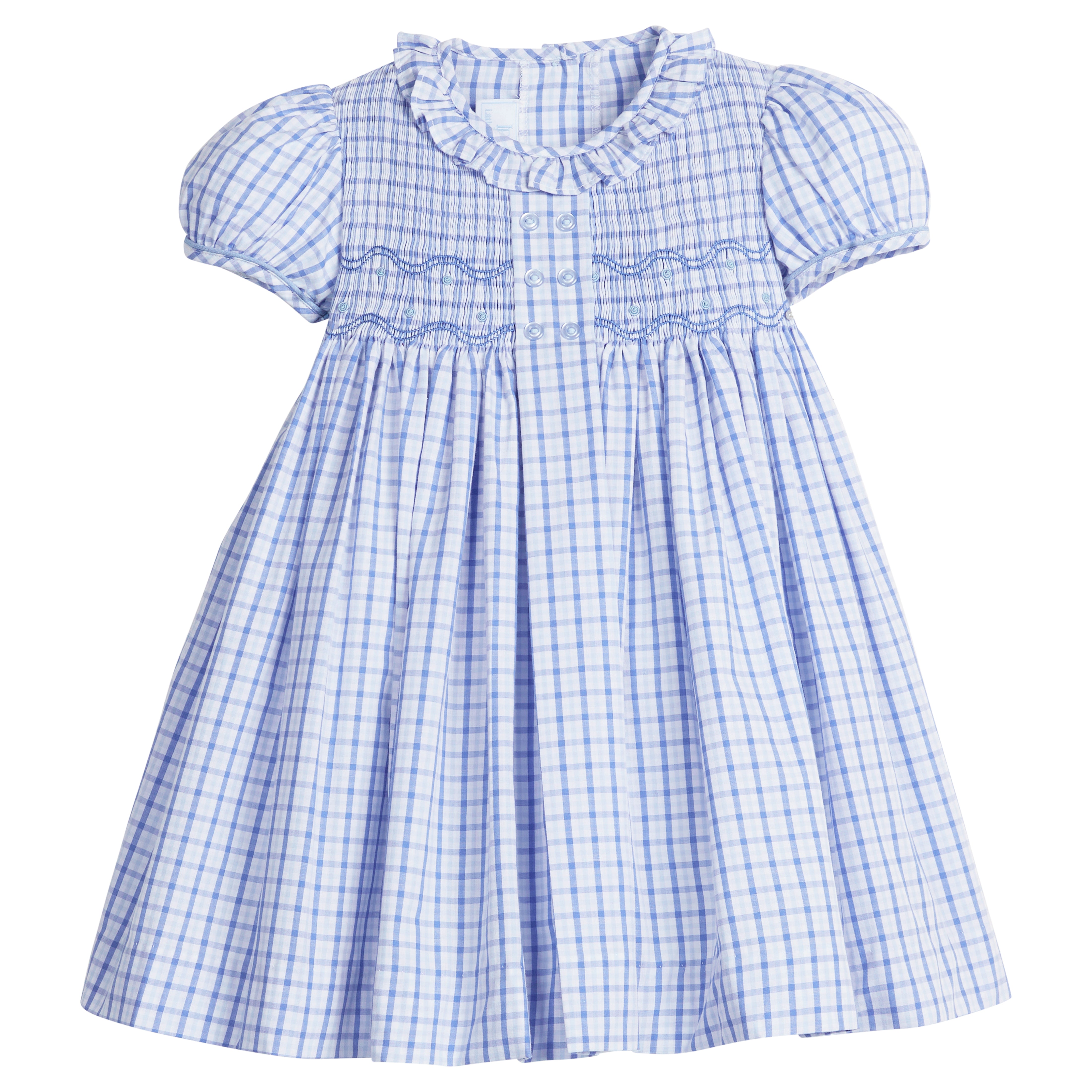 Little English classic smocked dress for little girls. Blue and white plaid dress with ruffled collar  and smocking across the chest for Fall