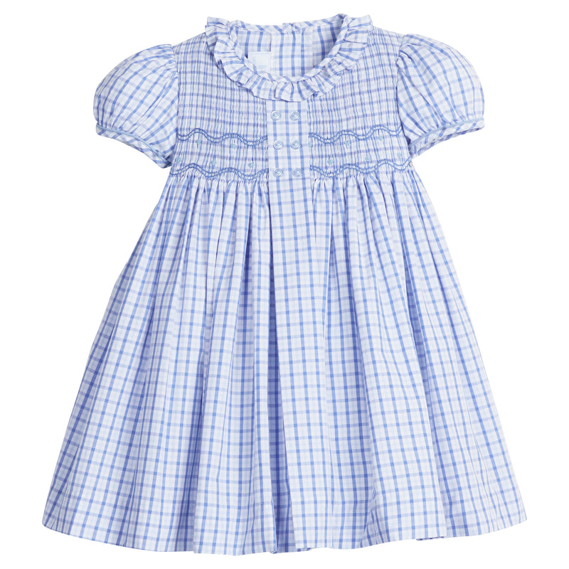 Little English classic smocked dress for little girls. Blue and white plaid dress with ruffled collar  and smocking across the chest for Fall