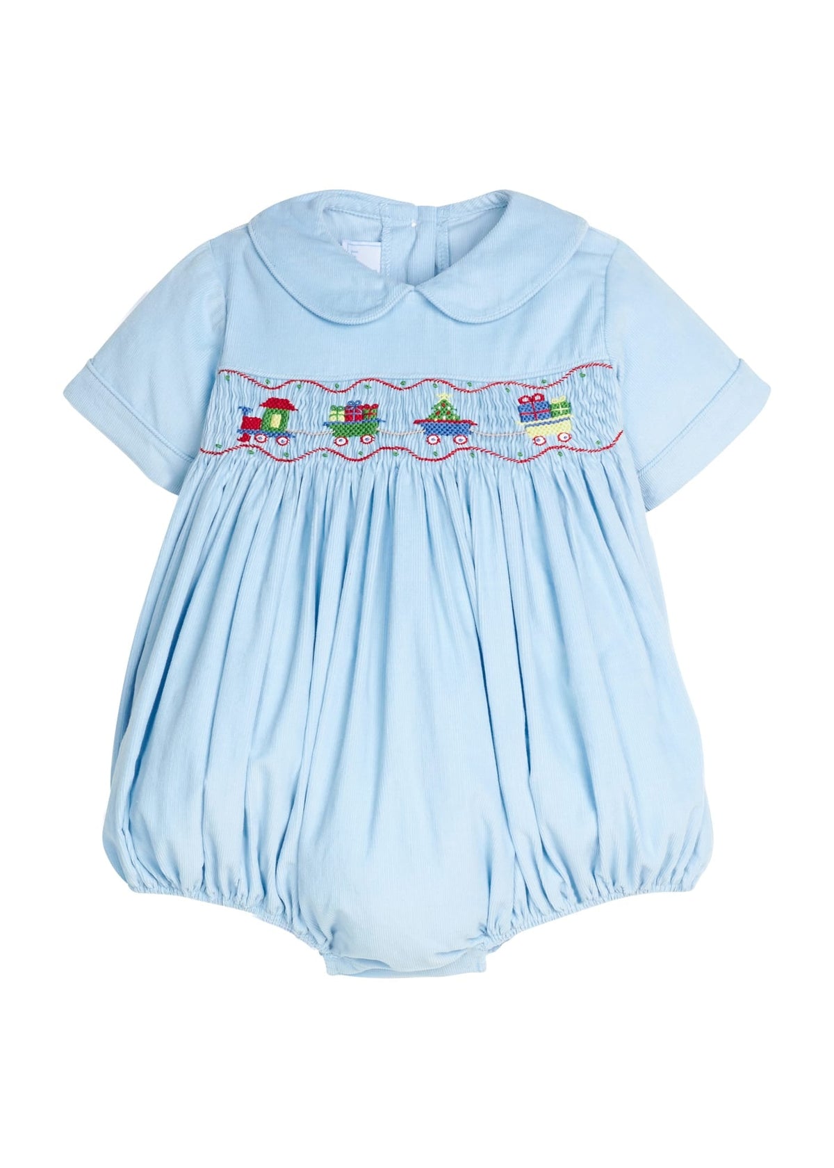 Little English traditional children's clothing. Short sleeve peter pan bubble in light blue corduroy with holiday train smocking across the chest for baby boys