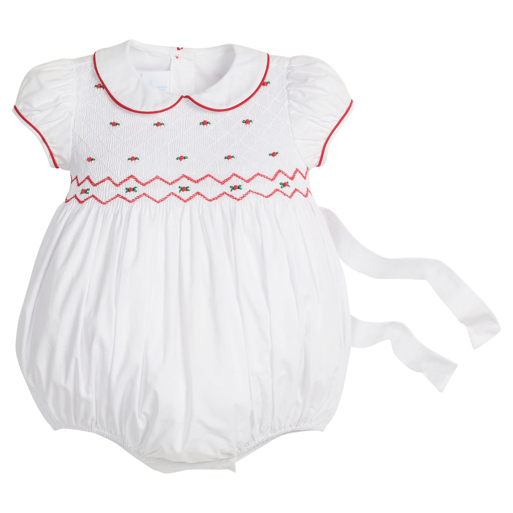 little english classic children's clothing white bubble with smocked detailing with red piping and holly embroidery for baby girls holiday 