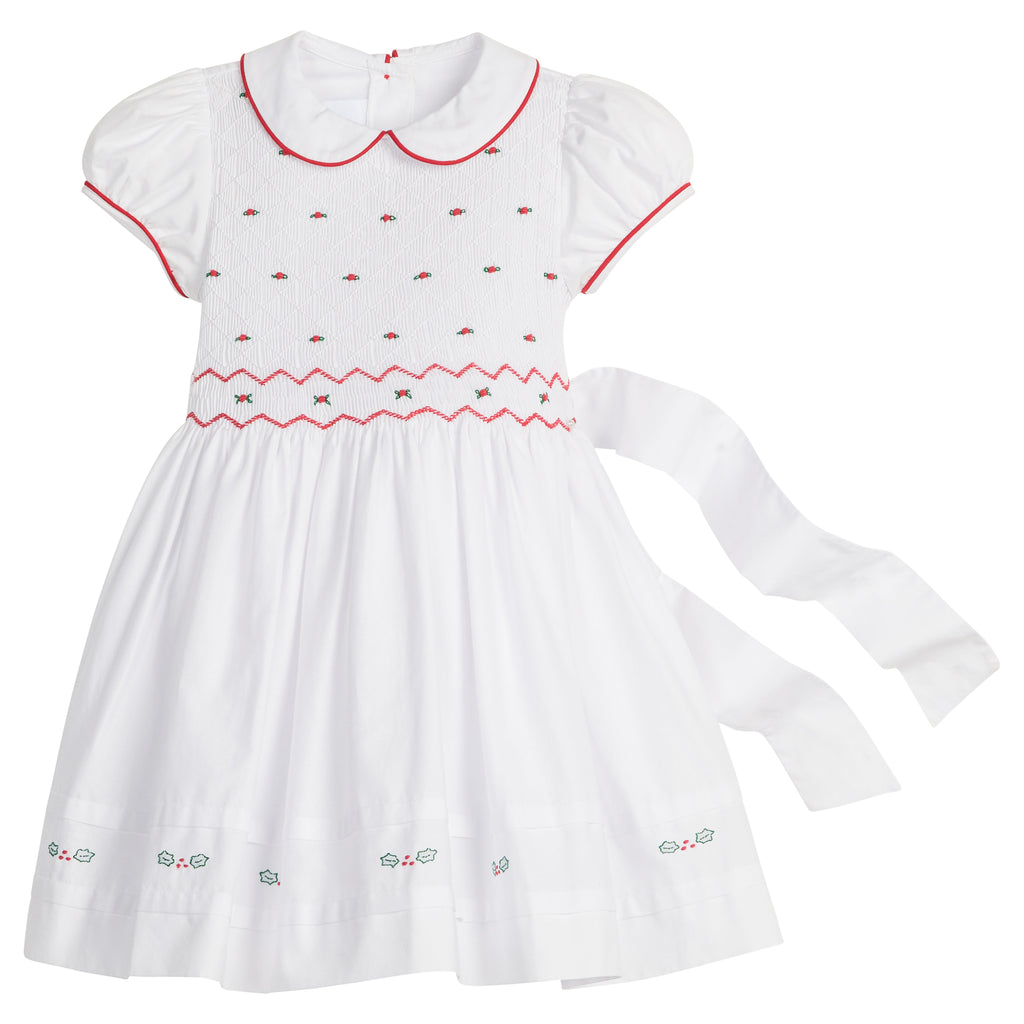 little english classic children's clothing white peter pan collar dress with cap sleeves and smocked detailing with red piping and holly embroidery for girls holiday 